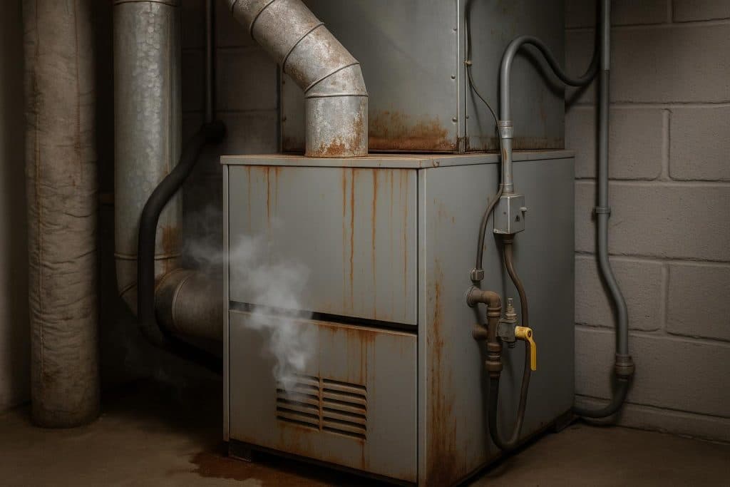 Technician inspecting furnace for maintenance in home heating system setup