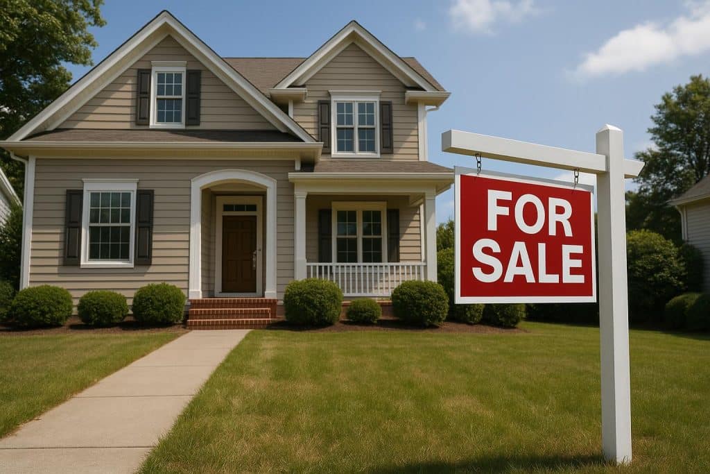 For Sale sign in front yard of suburban house, illustrating the process of selling a home