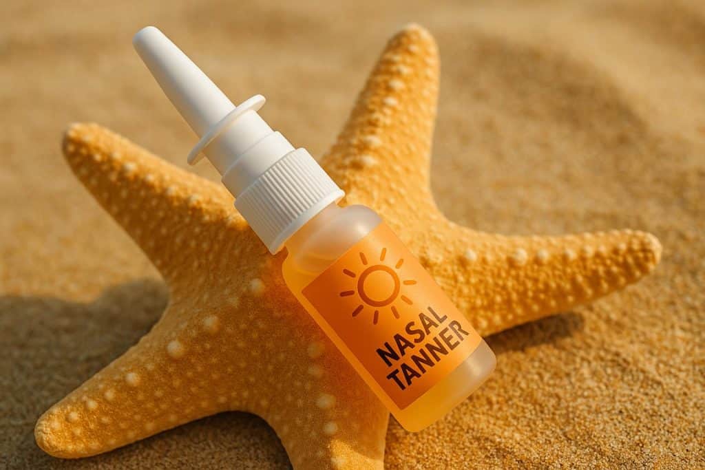 Nasal tanning spray bottle with bronzed background, highlighting viral TikTok tanning trend