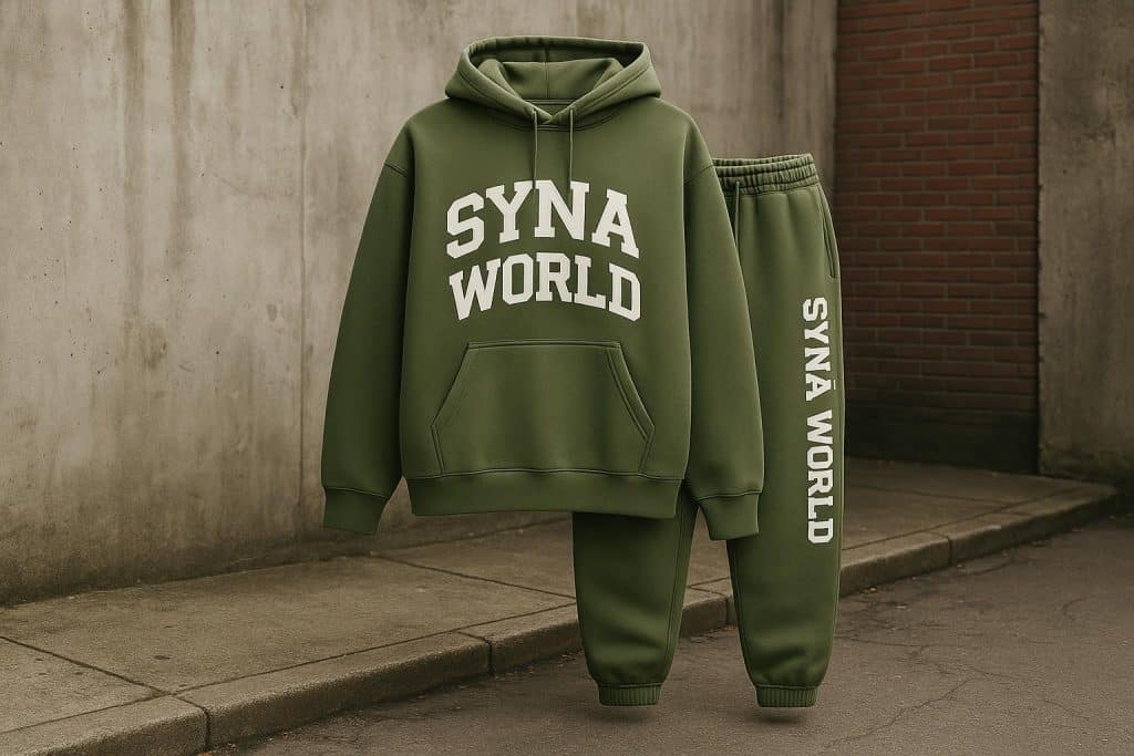 Syna World tracksuit styled in an urban setting showcasing modern streetwear fashion trends