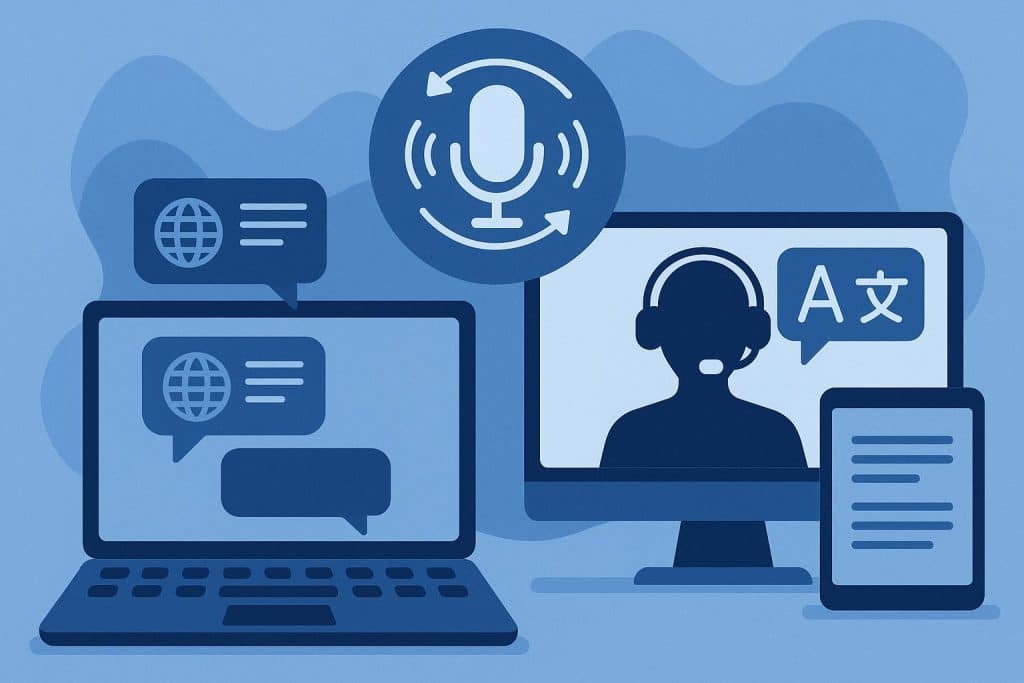 Laptop displaying virtual conference with real-time voice translation interface and language icons
