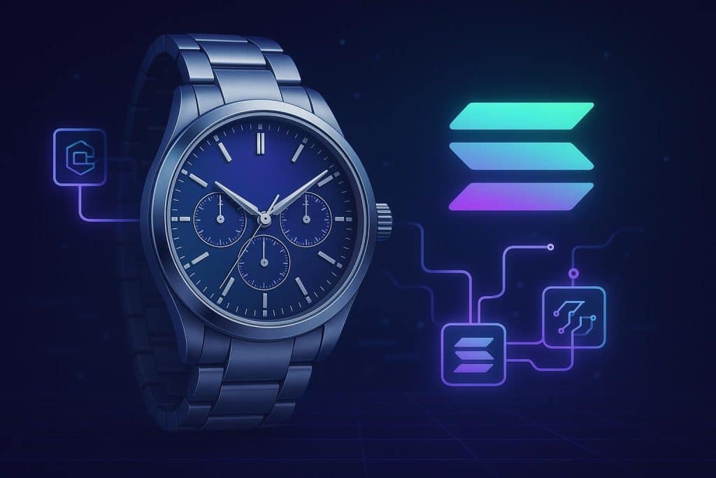 Luxury watch and Solana blockchain logo representing TimeKeeper watch trading platform innovation