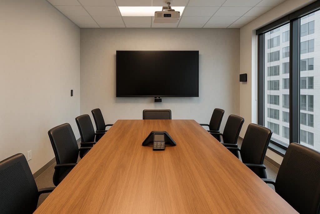 Modern conference room with AV system setup in Philadelphia corporate office