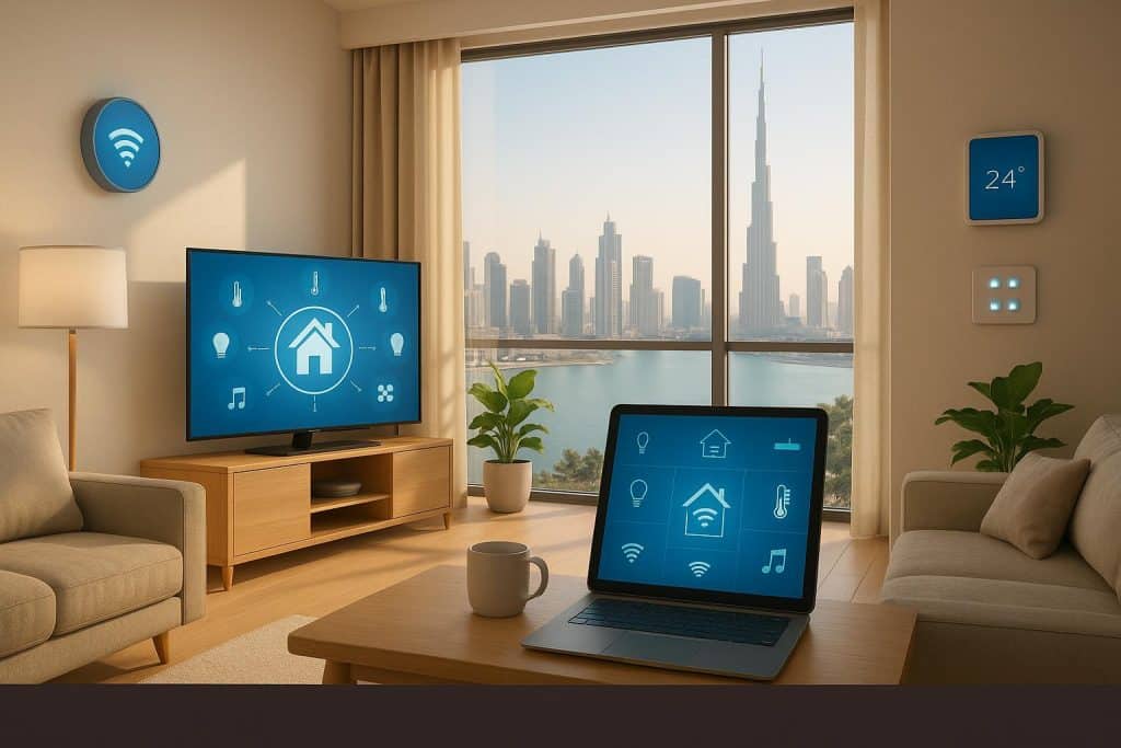 Modern Dubai home with smart devices and automated technology in a luxury living room setting