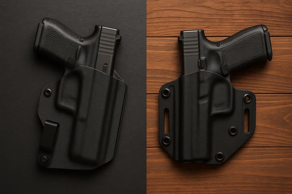Concealed carry handgun with IWB and OWB holsters displayed on a table for comparison