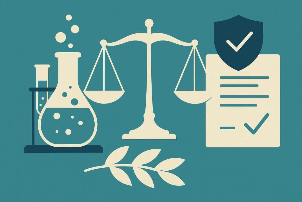 Ethical decision-making in scientific research illustrated by balanced scales and laboratory tools