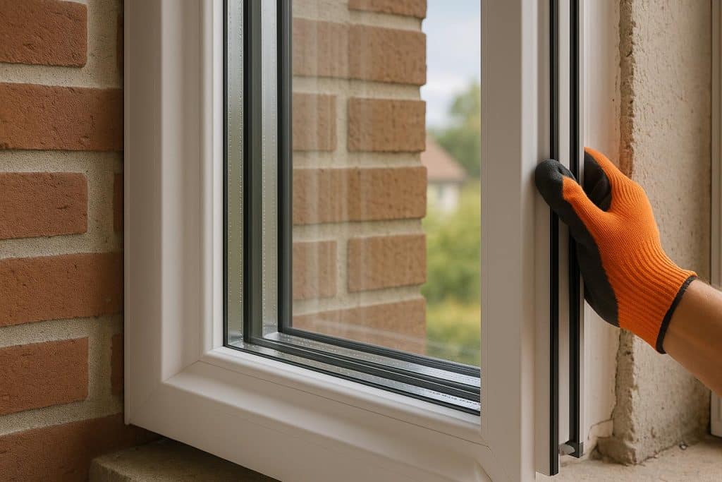 Close-up of window showing retrofit triple glazing installation for improved home insulation