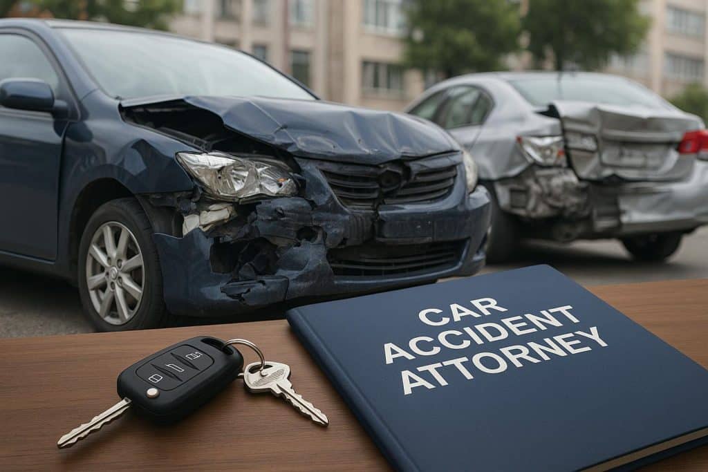 Car accident scene with damaged vehicles, highlighting the need for a car accident attorney