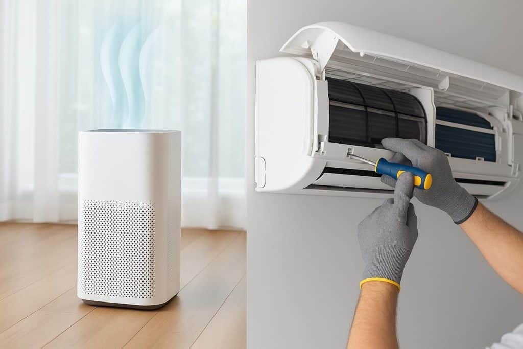 The Connection Between Indoor Air Purification and Regular AC Repair Modern air conditioning unit being serviced, highlighting air purification and maintenance benefits