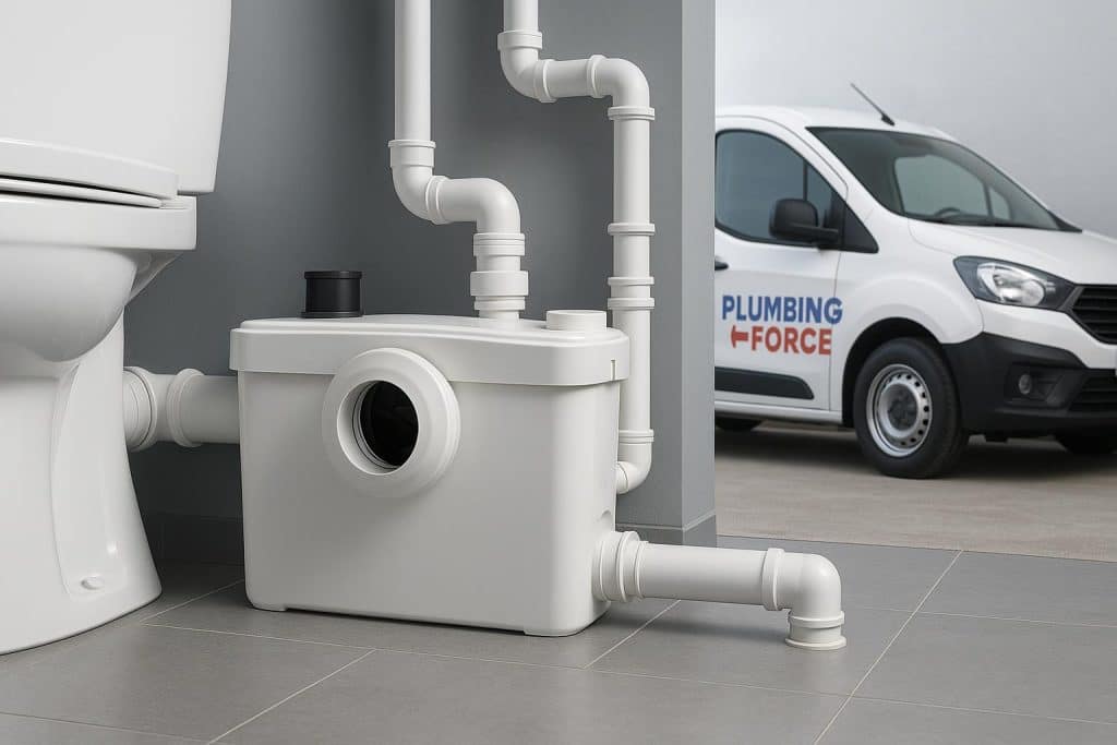 Saniflo Pump and Macerator Services by Plumbing Force Saniflo pump and macerator system installation by Plumbing Force with tools and equipment