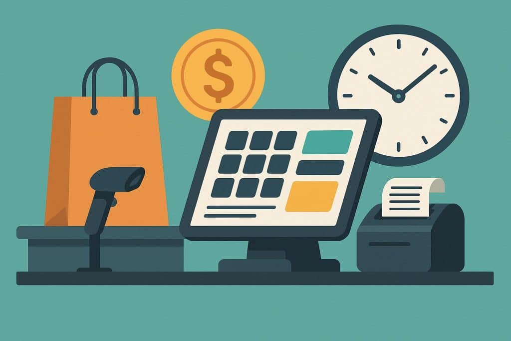 Retail employee uses integrated POS system to streamline checkout and manage store sales efficiently