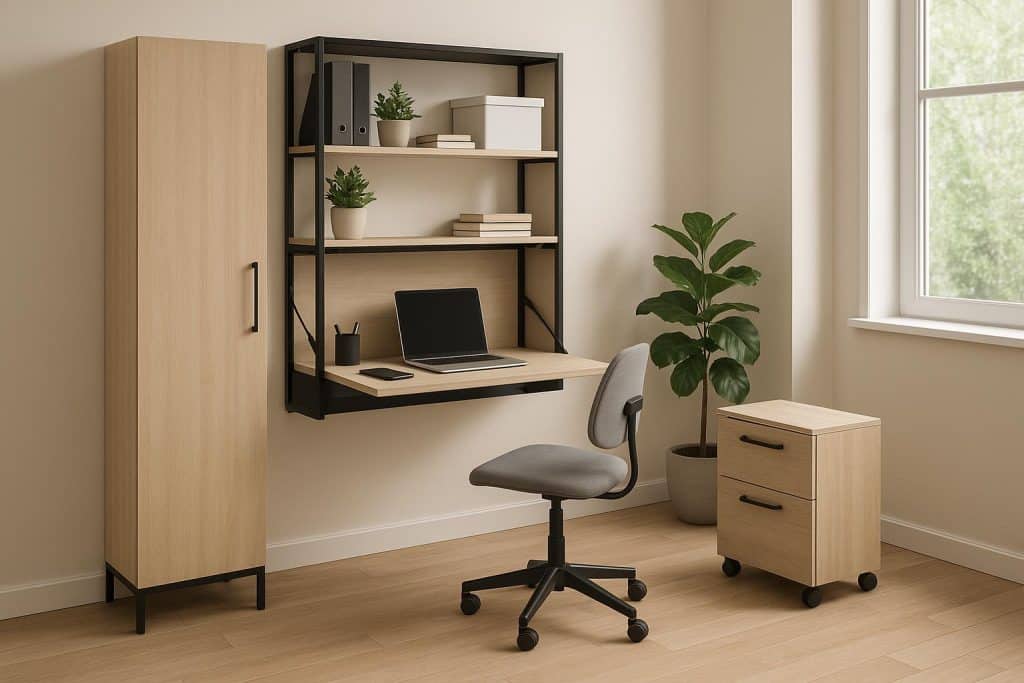 Multi-Functional Office Furniture That Works Harder in Small Rooms Compact adjustable office desk with built-in storage in a modern small home office setup