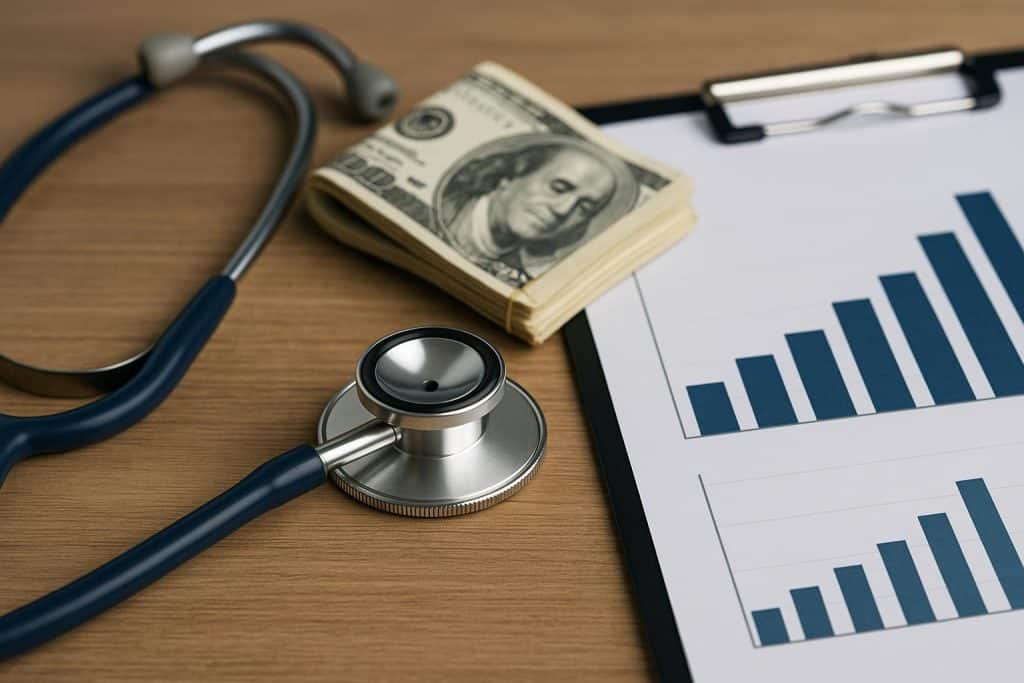 The Business Side of Saving Lives Medical equipment and financial charts highlighting the business aspects of healthcare innovation