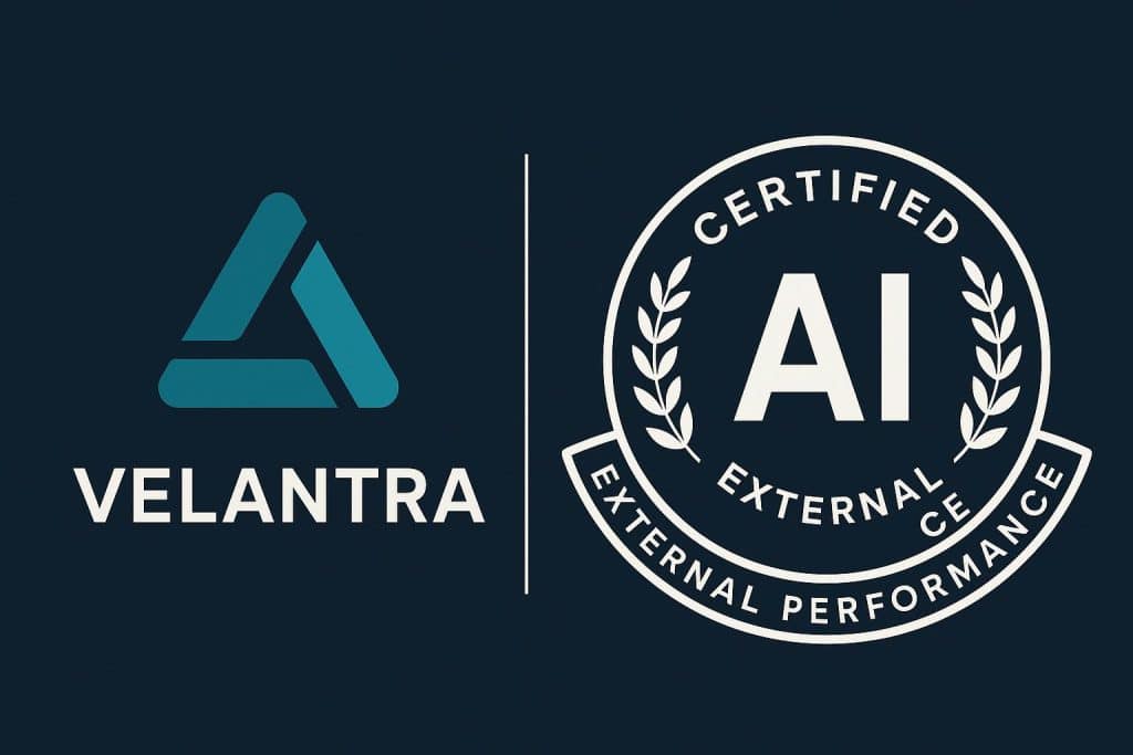 Velantra AI & External performance certification Velantra AI technology showcased with external performance certification graphics and logos