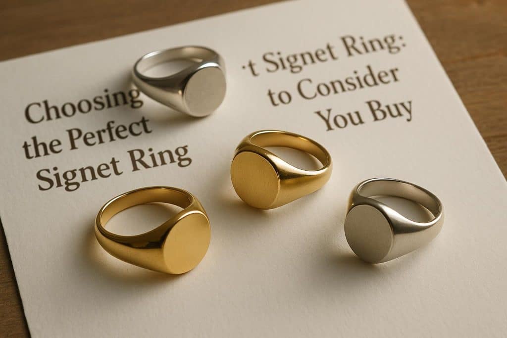 Choosing the Perfect Signet Ring: What to Consider Before You Buy Gold and silver signet rings displayed on a velvet tray, highlighting different styles and engravings