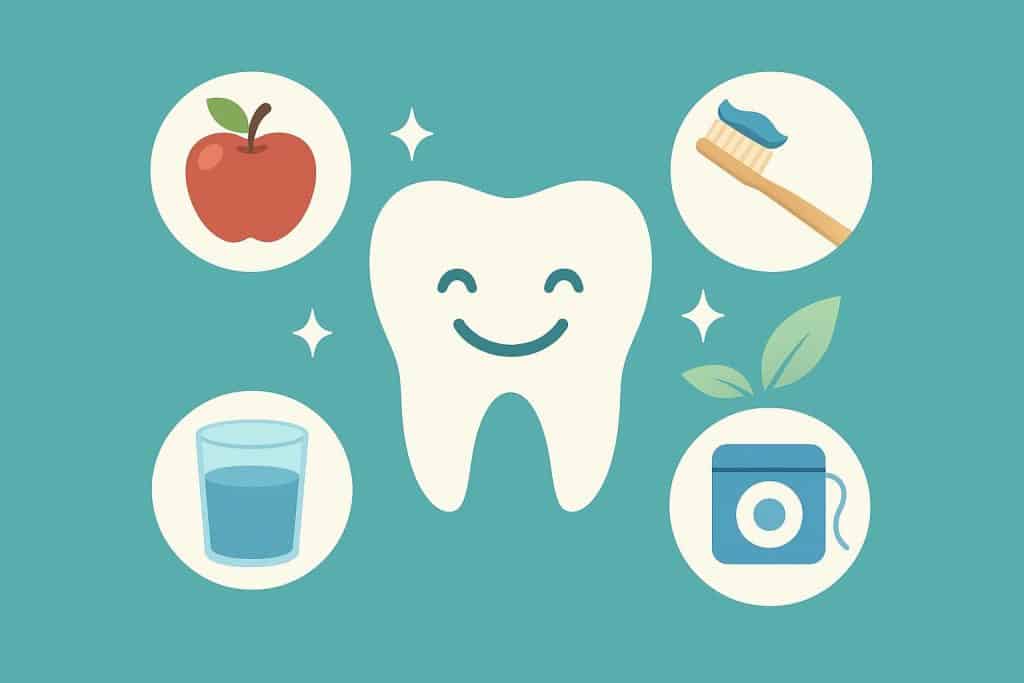 Healthy Habits for a Beautiful Smile Bright white teeth with toothbrush and fresh fruits promoting oral hygiene and a healthy smile