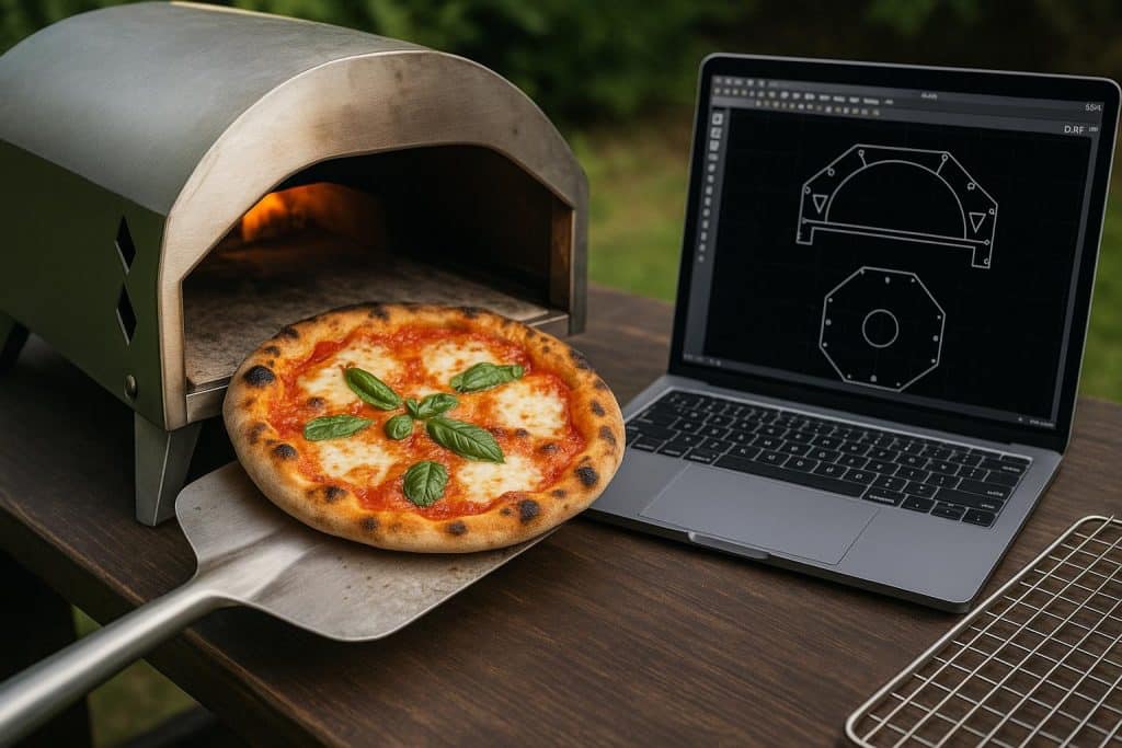 From CAD to crust: how DXF files are powering a boom in DIY pizza ovens and accessories. DXF file-derived pizza oven design with digital blueprint and finished DIY pizza oven