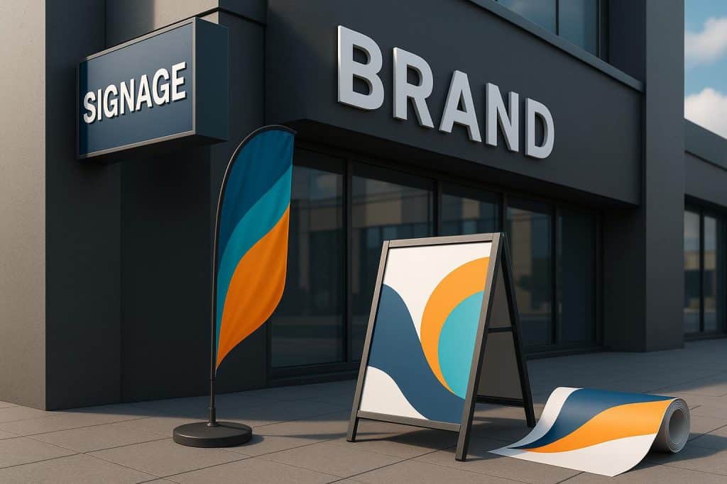 Transform Your Brand Visibility with Cutting-edge Signage and Printing Solutions Modern storefront showcasing vibrant, professionally designed signs and printed marketing materials