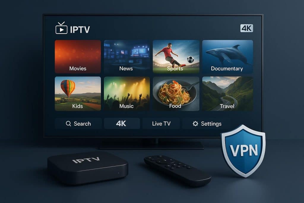 4K IPTV subscription service UK with 30K+ channels and free VPN for streaming TV and sports
