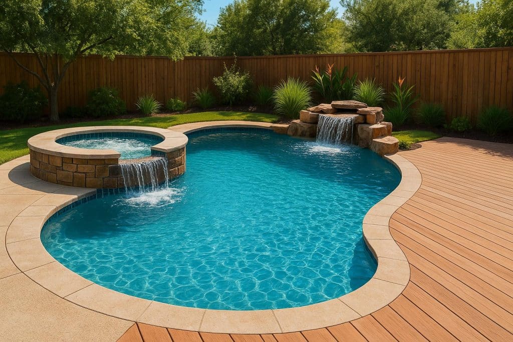 How Add-Ons Like Hot Tubs, Waterfalls, and Decking Impact Pool Costs Luxury backyard pool with hot tub, waterfall feature, and spacious decking for cost comparison