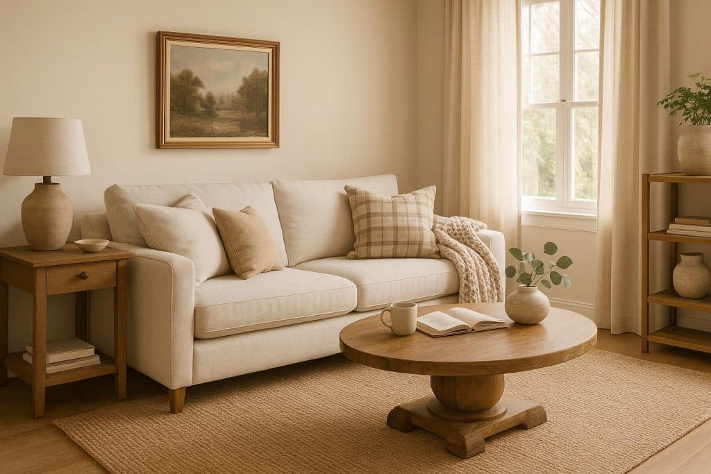 How To Create a Cozy Living Room Without Sacrificing Style Modern cozy living room with stylish decor, soft lighting, plush sofa, and warm neutral tones