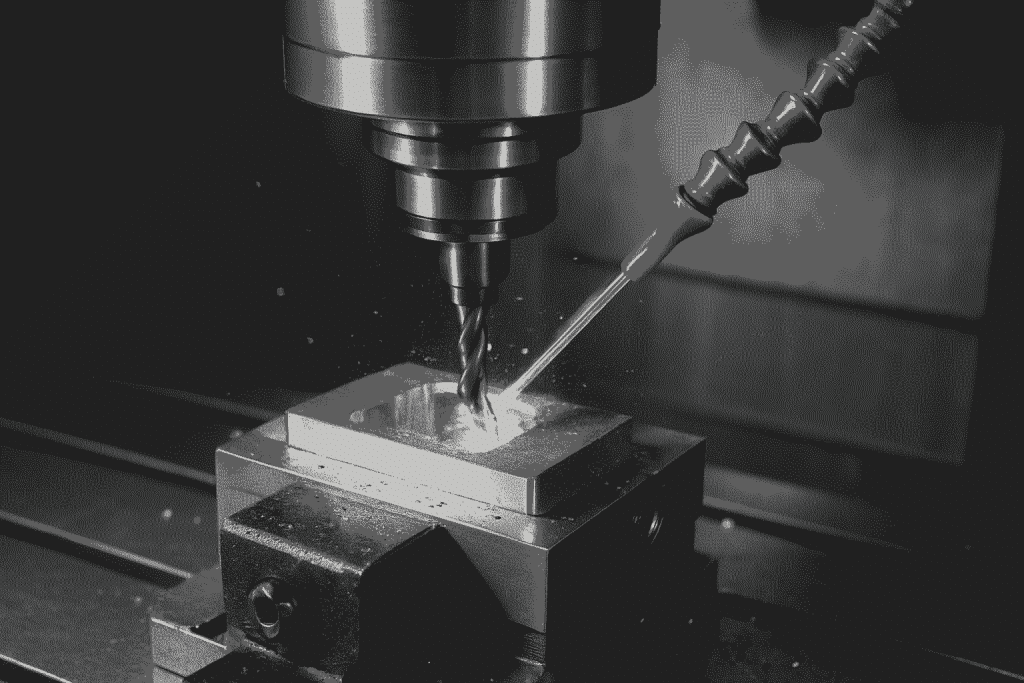 High-precision CNC milling machine cutting metal block with coolant flow.