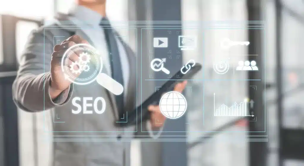 Business professional using digital SEO tools to analyze website performance and growth metrics