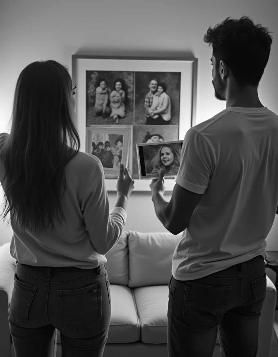 A couple holding framed photos of loved ones and looking at old portraits on the wall, illustrating how an AI photo animation tool like AliveMoment can bring family memories and vintage photos to life.