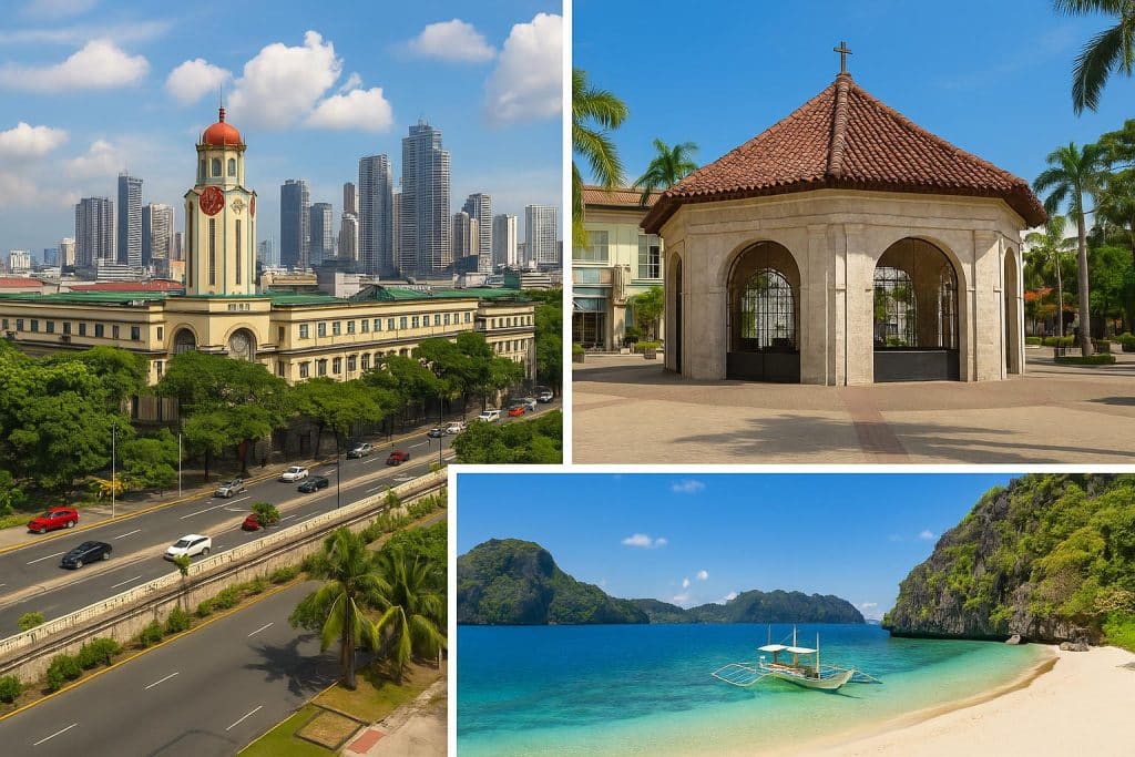 When Is the Best Time to Visit Manila, Cebu, and Palawan? Manila skyline, Cebu beach, and Palawan limestone cliffs highlighting top travel destinations