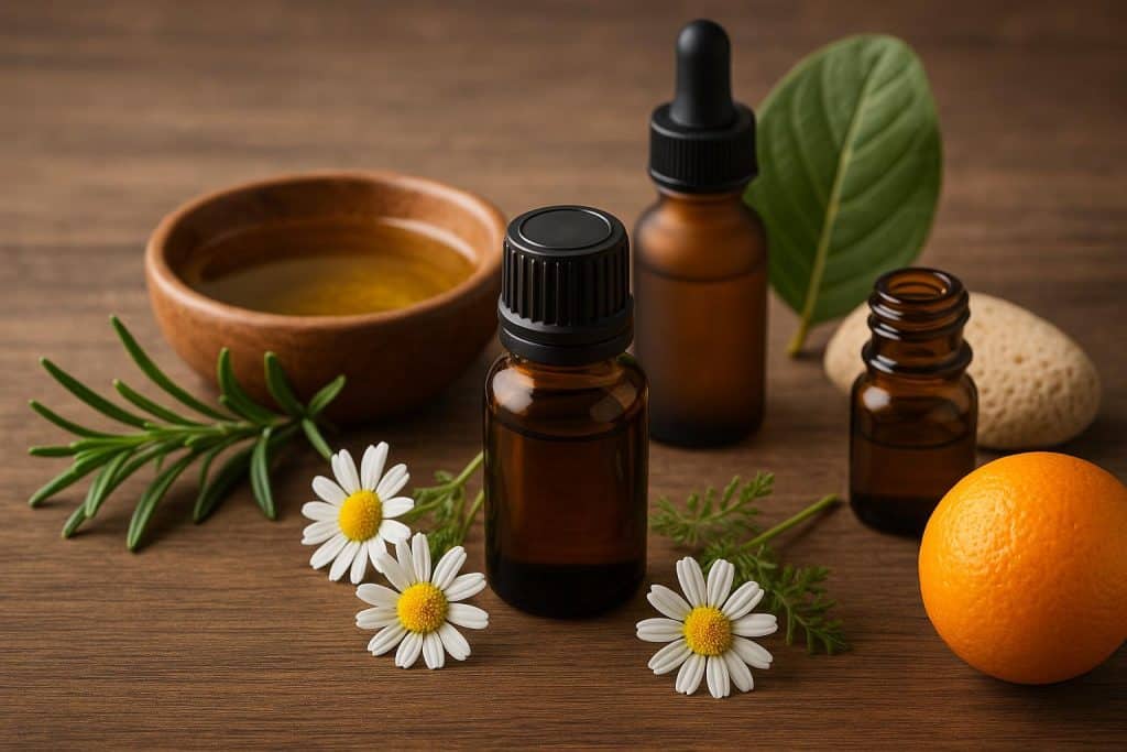 Assorted essential oil bottles with fresh herbs and flowers promoting emotional detox benefits