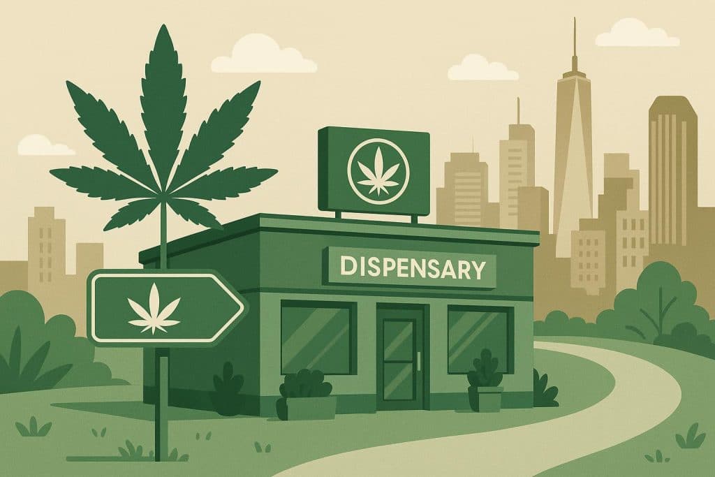 Exterior view of a modern cannabis dispensary in Jersey City with green signage and storefront