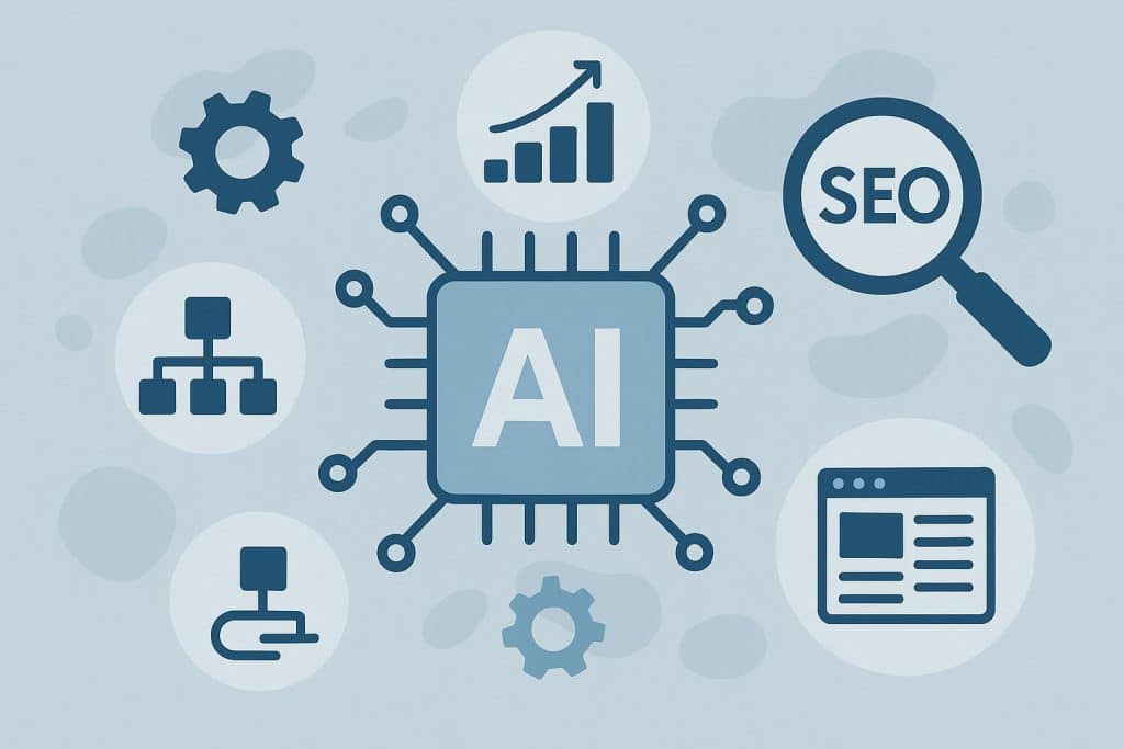 Abstract digital graphic illustrating AI technology enhancing SEO and website search rankings