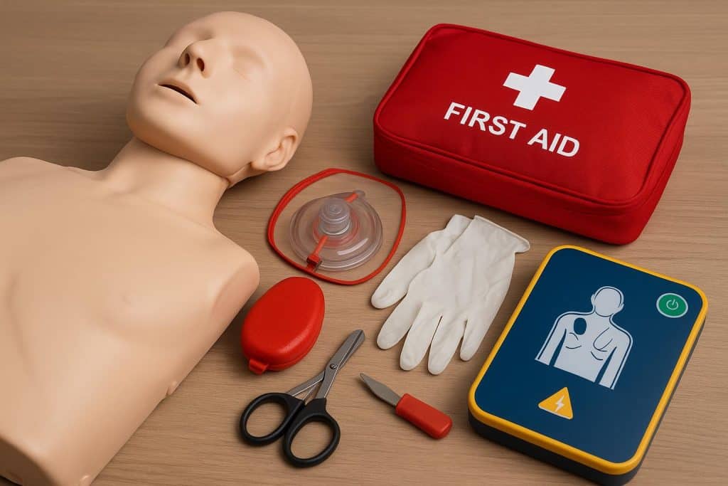 CPR training with instructor demonstrating first aid techniques using a manikin and equipment
