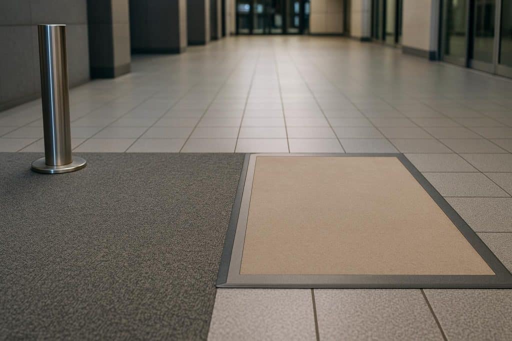 Durable floor mats protecting commercial entrance from heavy foot traffic and wear