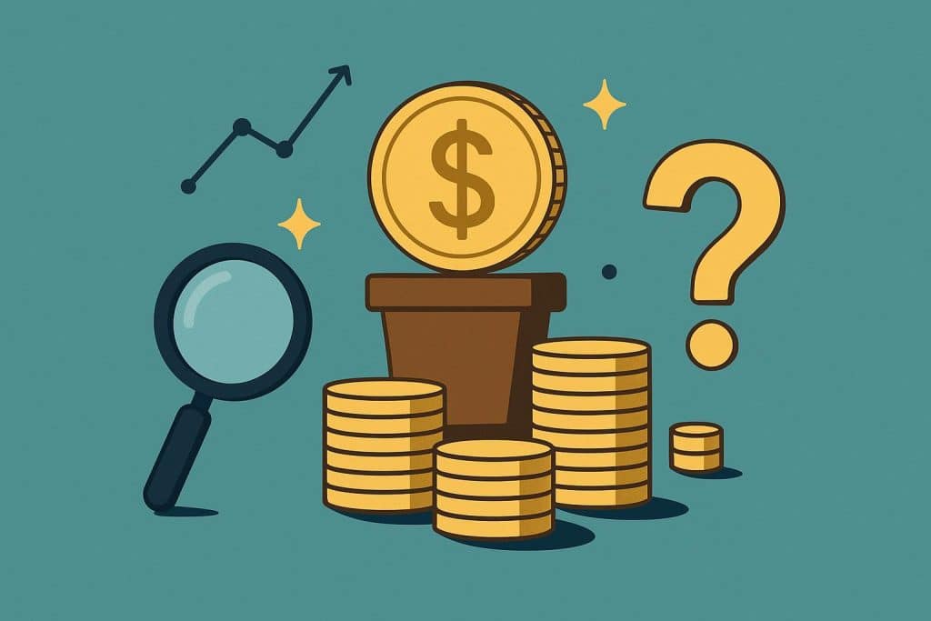 Stack of coins with magnifying glass symbolizing curiosity in managing personal finances