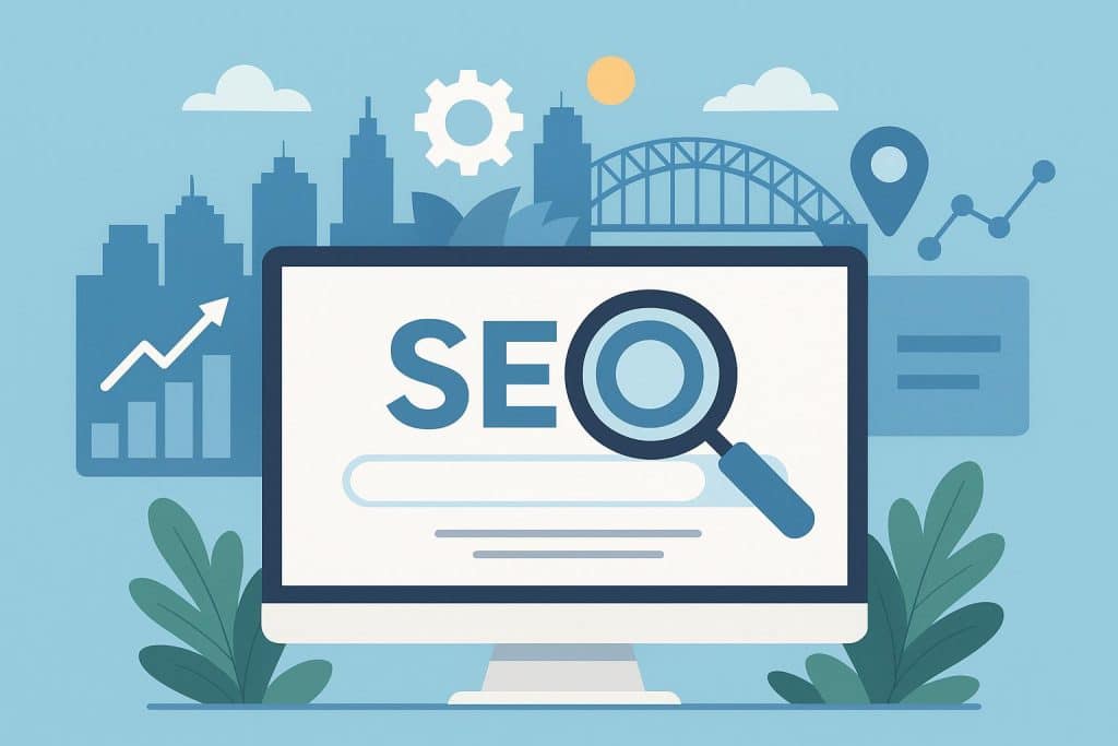 Mastering SEO in Sydney: Strategies to Boost Your Local Online Presence Sydney city skyline with digital marketing icons representing local SEO strategies and online growth