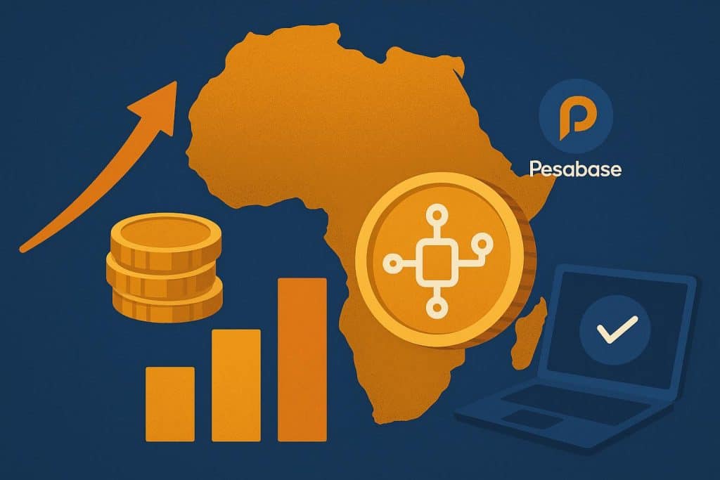 Digital tokens representing African assets with Pesabase platform logo and economic growth symbols