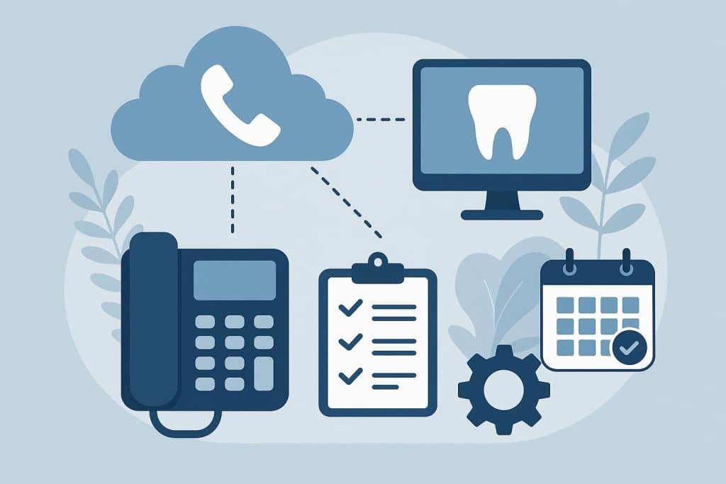 How Cloud-Based Phone Systems Streamline Dental Office Operations Cloud-based phone system interface displayed alongside dental office equipment and patient charts