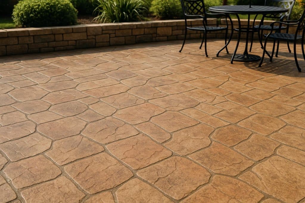 Stamped Concrete 101: Balancing Beauty & Durability in Outdoor Surfaces Patterned stamped concrete patio showcasing decorative textures and durable outdoor surface design
