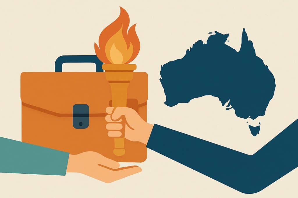 Business owner handing over keys to a family member, symbolizing ownership transfer in Australia