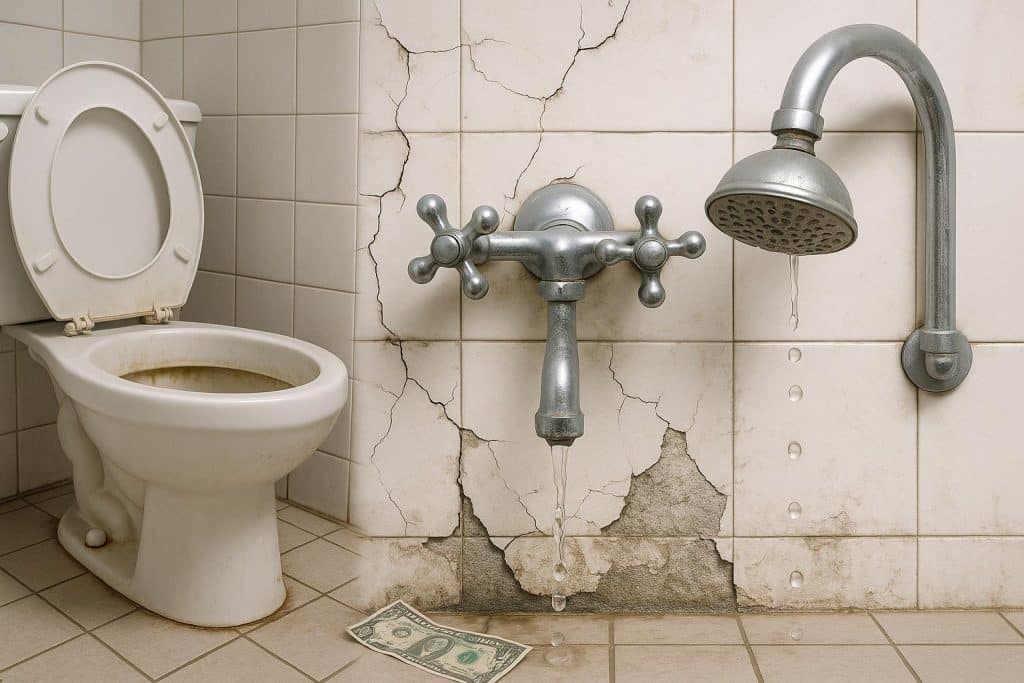 The Hidden Costs of Delaying Toilet, Faucet, and Shower Service Leaking toilet, dripping faucet, and clogged shower symbolizing delayed plumbing repairs