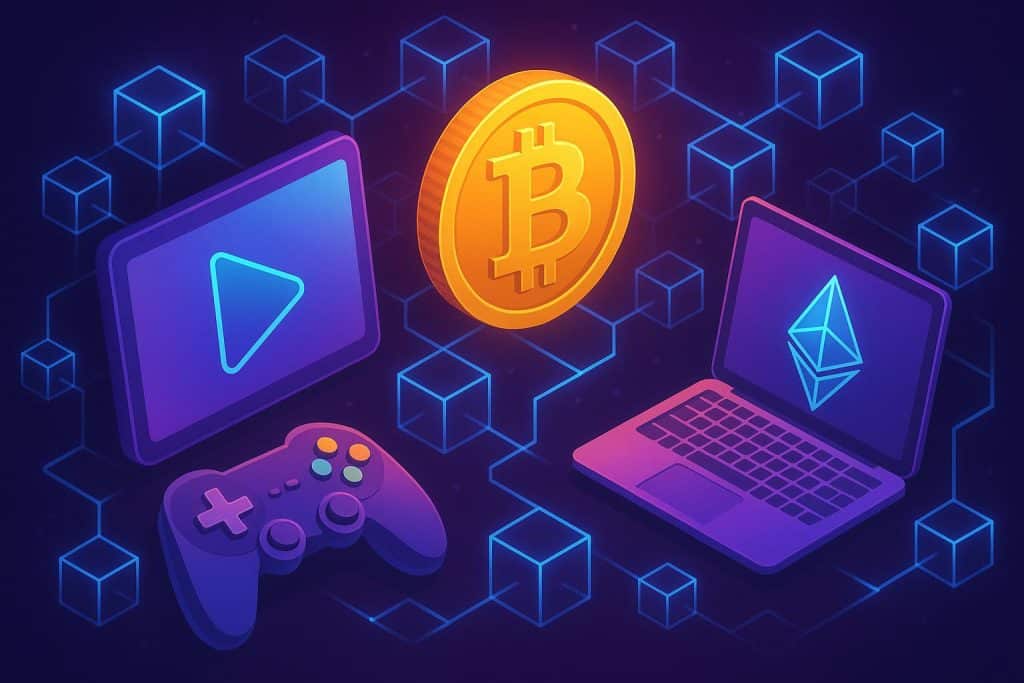 Crypto’s Next Wave – A New Age of Online Entertainment Digital cryptocurrency symbols merging with vibrant online entertainment icons and graphics