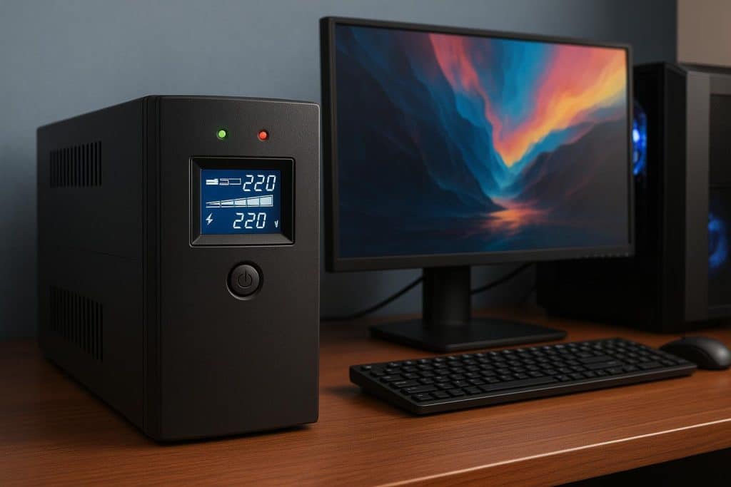 How to Select the Right UPS for Your PC? Uninterruptible power supply unit connected to a desktop computer setup for reliable backup