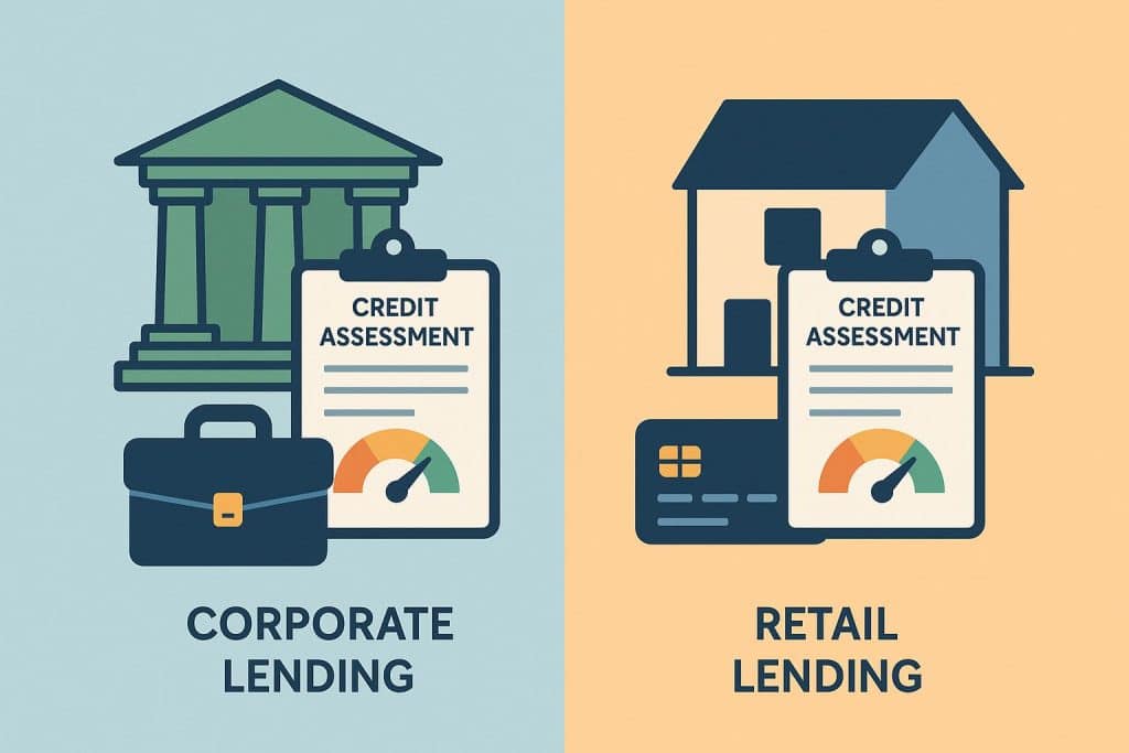 Credit Assessment in Corporate Lending vs Retail Lending Corporate and retail lending comparison with financial charts and credit assessment documents