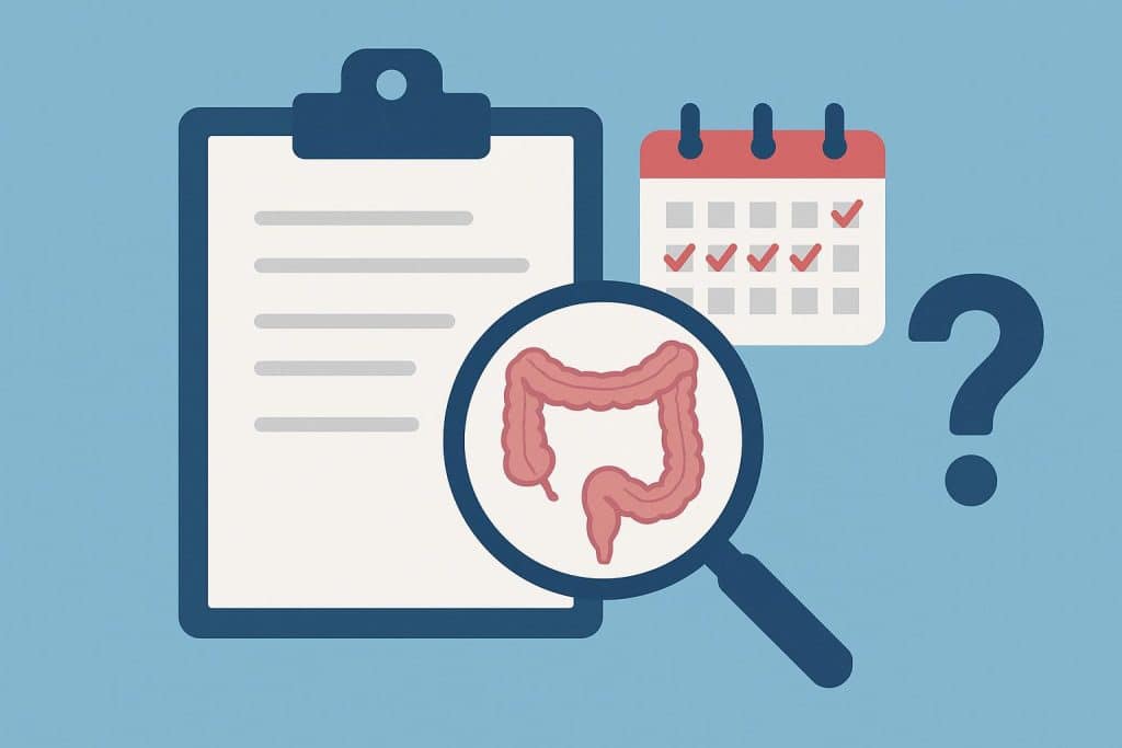 When You Should Start Thinking About Getting a Colonoscopy Colonoscopy preparation concept with medical equipment and digestive health chart on a table