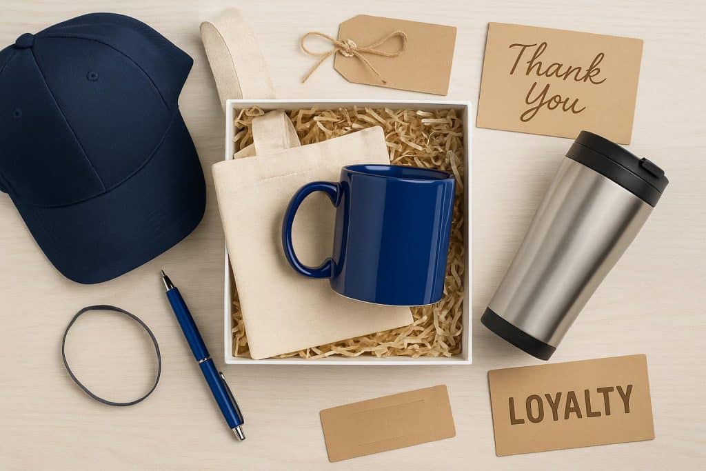Branded promotional products including mugs, pens, and tote bags displayed on a desk