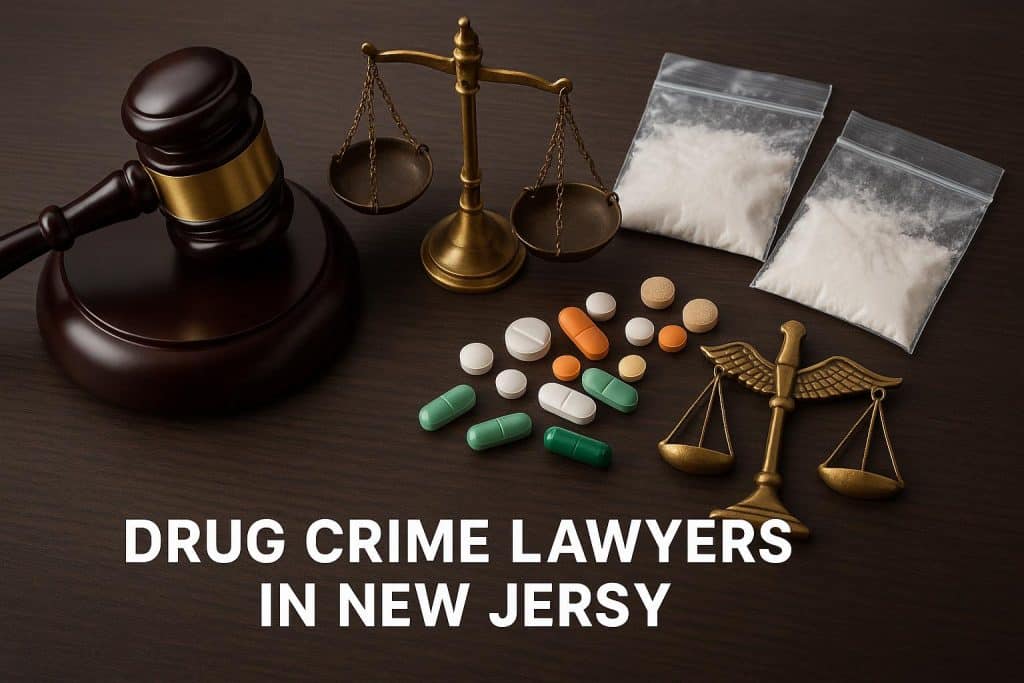 Gavel and law book representing legal defense for drug crime cases in New Jersey courtroom