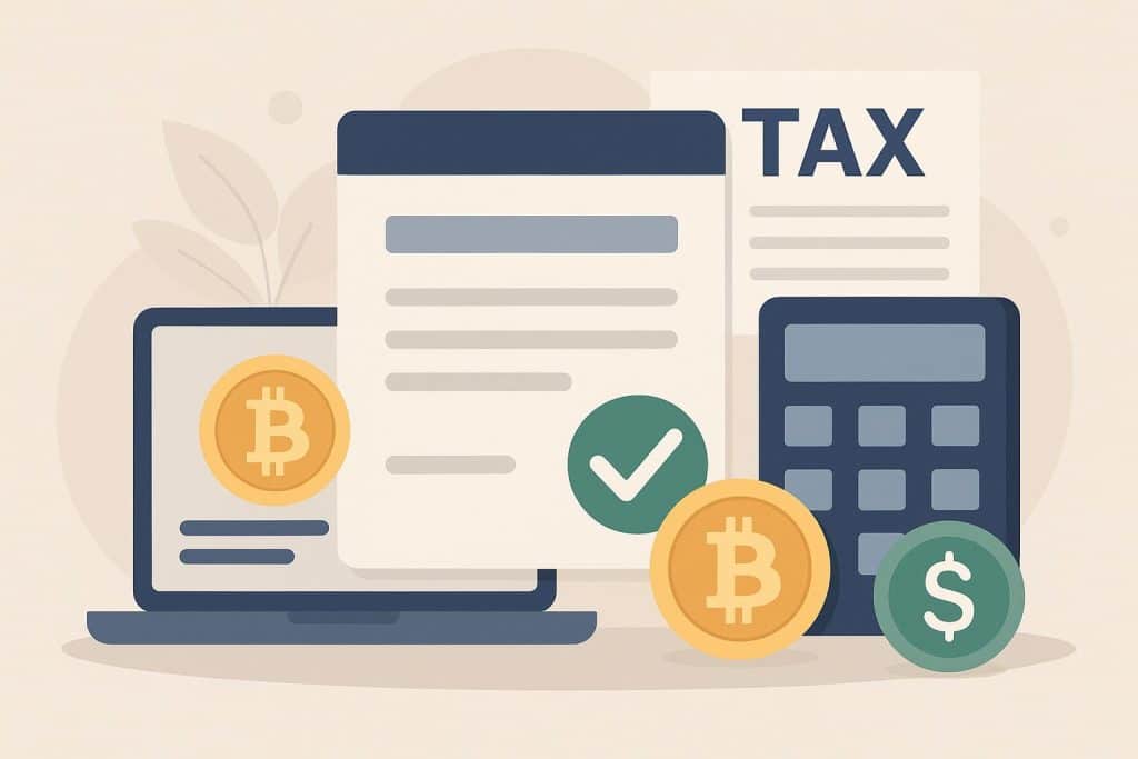 Tax expert assisting with cryptocurrency filing documents and laptop, simplifying crypto taxes