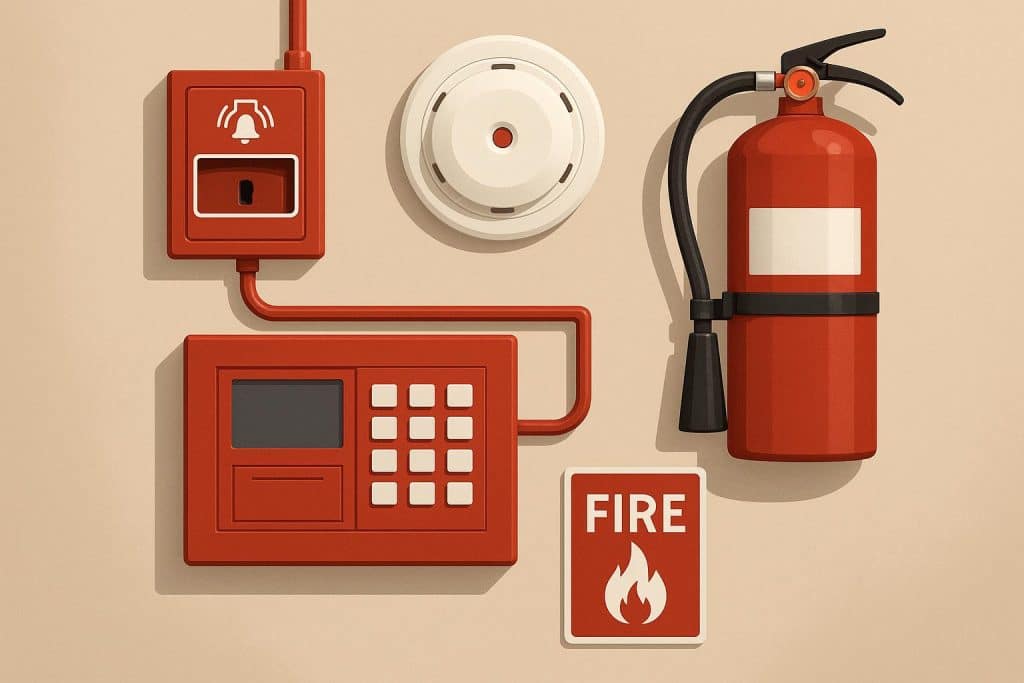 Modern fire alarm control panel and sprinkler system in commercial building for fire safety management