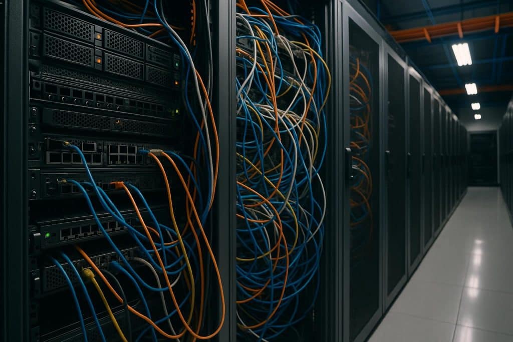 Top Data Center Issues: Common Server Problems and How to Solve Them Rows of data center servers with warning lights indicating common hardware and network issues